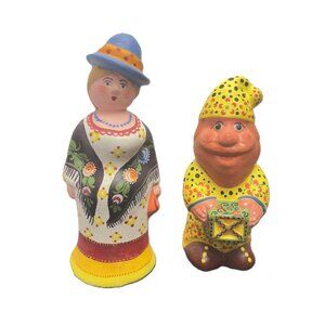 Hand-Painted Vintage Clay Folk Woman & Gnome Figures Colorful Eastern European